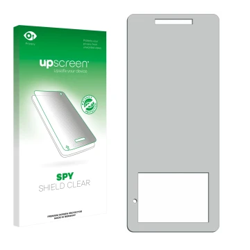 Parte frontal de un envase de producto con el logotipo de la marca upscreen. Al lado está el protector de pantalla correspondi