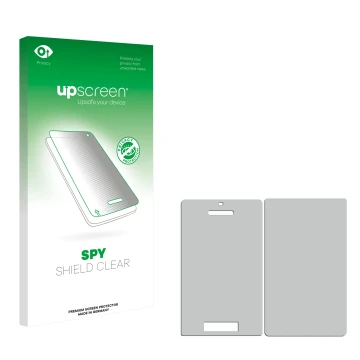 Parte frontal de un envase de producto con el logotipo de la marca upscreen. Al lado está el protector de pantalla correspondi