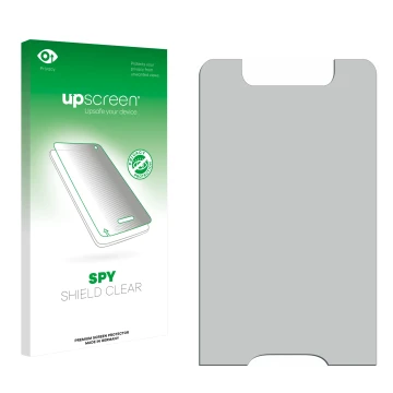 Parte frontal de un envase de producto con el logotipo de la marca upscreen. Al lado está el protector de pantalla correspondi