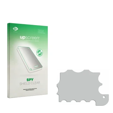 Parte frontal de un envase de producto con el logotipo de la marca upscreen. Al lado está el protector de pantalla correspondi