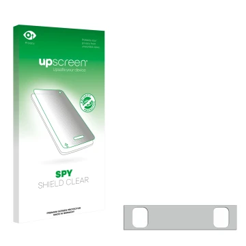 Parte frontal de un envase de producto con el logotipo de la marca upscreen. Al lado está el protector de pantalla correspondi