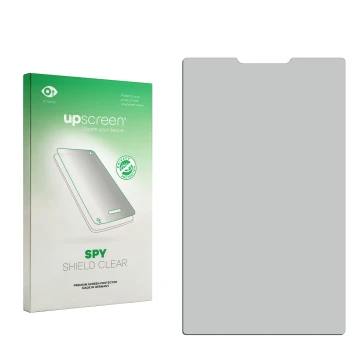 Parte frontal de un envase de producto con el logotipo de la marca upscreen. Al lado está el protector de pantalla correspondi