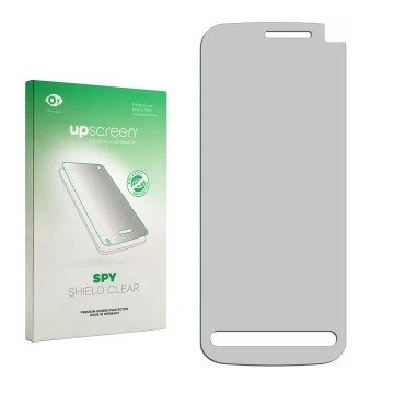 Parte frontal de un envase de producto con el logotipo de la marca upscreen. Al lado está el protector de pantalla correspondi