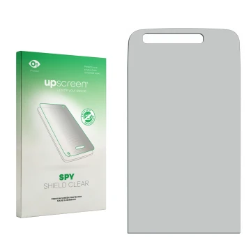 Parte frontal de un envase de producto con el logotipo de la marca upscreen. Al lado está el protector de pantalla correspondi