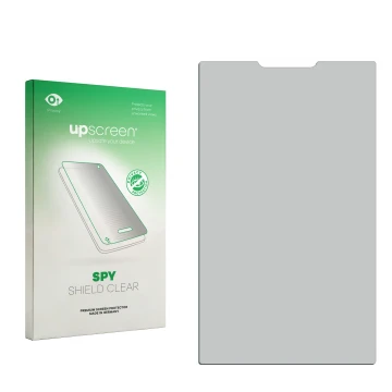 Parte frontal de un envase de producto con el logotipo de la marca upscreen. Al lado está el protector de pantalla correspondi