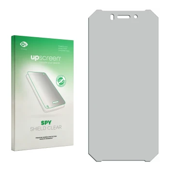 Parte frontal de un envase de producto con el logotipo de la marca upscreen. Al lado está el protector de pantalla correspondi