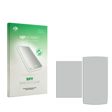 Parte frontal de un envase de producto con el logotipo de la marca upscreen. Al lado está el protector de pantalla correspondi
