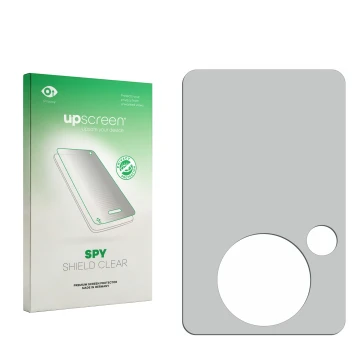 Parte frontal de un envase de producto con el logotipo de la marca upscreen. Al lado está el protector de pantalla correspondi