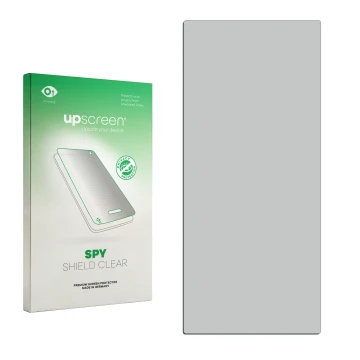 Parte frontal de un envase de producto con el logotipo de la marca upscreen. Al lado está el protector de pantalla correspondi