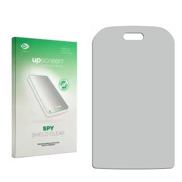 Parte frontal de un envase de producto con el logotipo de la marca upscreen. Al lado está el protector de pantalla correspondi