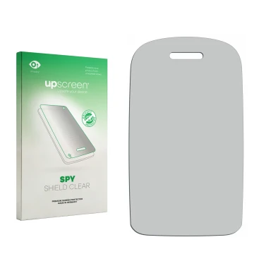 Parte frontal de un envase de producto con el logotipo de la marca upscreen. Al lado está el protector de pantalla correspondi