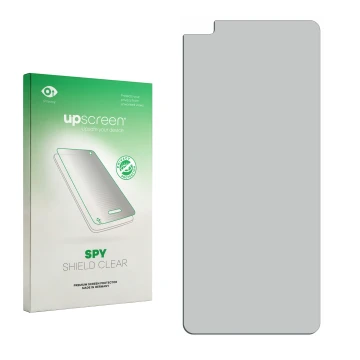 Parte frontal de un envase de producto con el logotipo de la marca upscreen. Al lado está el protector de pantalla correspondi