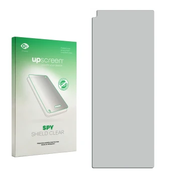 Parte frontal de un envase de producto con el logotipo de la marca upscreen. Al lado está el protector de pantalla correspondi