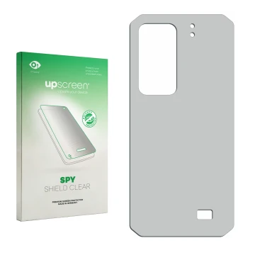 Parte frontal de un envase de producto con el logotipo de la marca upscreen. Al lado está el protector de pantalla correspondi