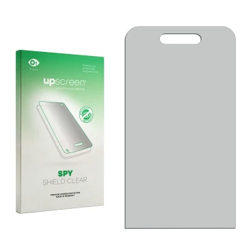 Parte frontal de un envase de producto con el logotipo de la marca upscreen. Al lado está el protector de pantalla correspondi