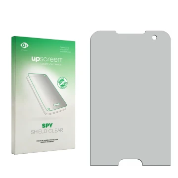 Parte frontal de un envase de producto con el logotipo de la marca upscreen. Al lado está el protector de pantalla correspondi