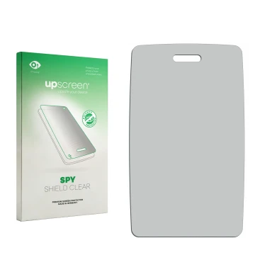 Parte frontal de un envase de producto con el logotipo de la marca upscreen. Al lado está el protector de pantalla correspondi
