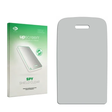 Parte frontal de un envase de producto con el logotipo de la marca upscreen. Al lado está el protector de pantalla correspondi