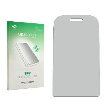 Parte frontal de un envase de producto con el logotipo de la marca upscreen. Al lado está el protector de pantalla correspondi