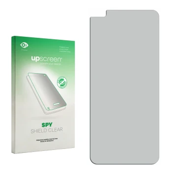 Parte frontal de un envase de producto con el logotipo de la marca upscreen. Al lado está el protector de pantalla correspondi