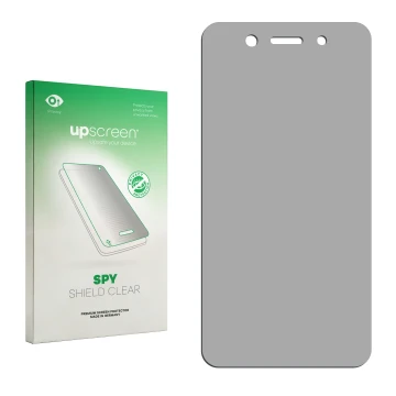 Parte frontal de un envase de producto con el logotipo de la marca upscreen. Al lado está el protector de pantalla correspondi