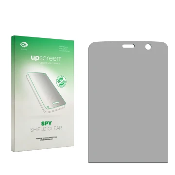 Parte frontal de un envase de producto con el logotipo de la marca upscreen. Al lado está el protector de pantalla correspondi