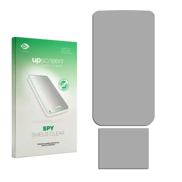 Parte frontal de un envase de producto con el logotipo de la marca upscreen. Al lado está el protector de pantalla correspondi