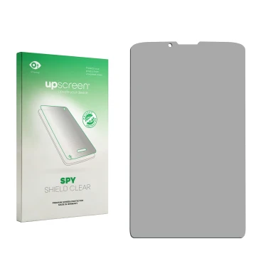Parte frontal de un envase de producto con el logotipo de la marca upscreen. Al lado está el protector de pantalla correspondi