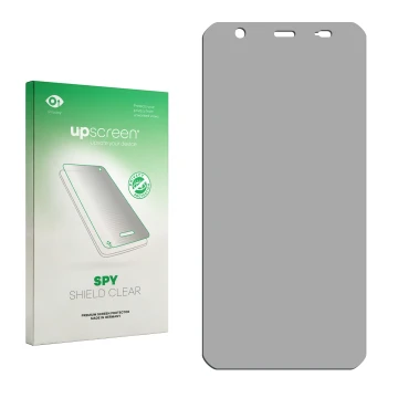 Parte frontal de un envase de producto con el logotipo de la marca upscreen. Al lado está el protector de pantalla correspondi