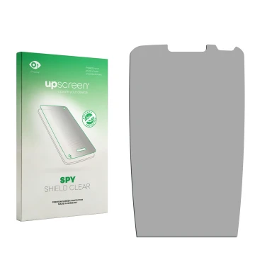 Parte frontal de un envase de producto con el logotipo de la marca upscreen. Al lado está el protector de pantalla correspondi