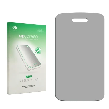 Parte frontal de un envase de producto con el logotipo de la marca upscreen. Al lado está el protector de pantalla correspondi