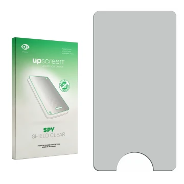 Parte frontal de un envase de producto con el logotipo de la marca upscreen. Al lado está el protector de pantalla correspondi