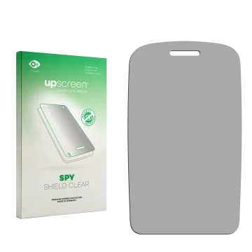 Parte frontal de un envase de producto con el logotipo de la marca upscreen. Al lado está el protector de pantalla correspondi