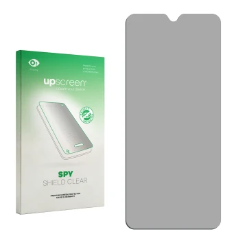 Parte frontal de un envase de producto con el logotipo de la marca upscreen. Al lado está el protector de pantalla correspondi