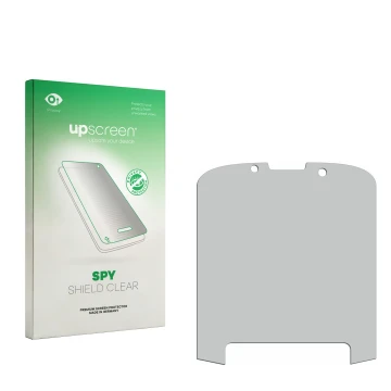 Parte frontal de un envase de producto con el logotipo de la marca upscreen. Al lado está el protector de pantalla correspondi