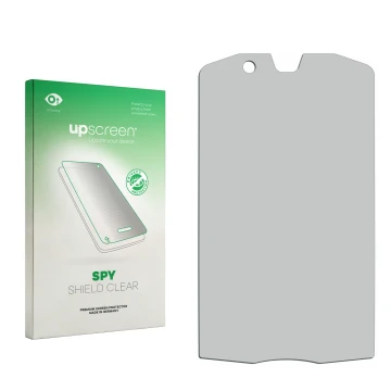 Parte frontal de un envase de producto con el logotipo de la marca upscreen. Al lado está el protector de pantalla correspondi