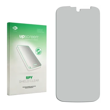 Parte frontal de un envase de producto con el logotipo de la marca upscreen. Al lado está el protector de pantalla correspondi