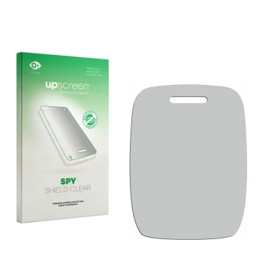 Parte frontal de un envase de producto con el logotipo de la marca upscreen. Al lado está el protector de pantalla correspondi