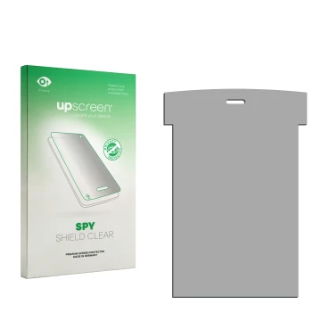 Parte frontal de un envase de producto con el logotipo de la marca upscreen. Al lado está el protector de pantalla correspondi