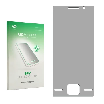 Parte frontal de un envase de producto con el logotipo de la marca upscreen. Al lado está el protector de pantalla correspondi