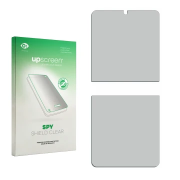 Parte frontal de un envase de producto con el logotipo de la marca upscreen. Al lado está el protector de pantalla correspondi