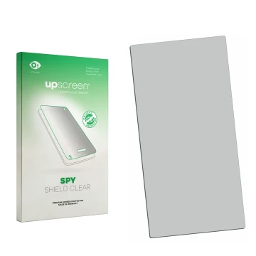 Parte frontal de un envase de producto con el logotipo de la marca upscreen. Al lado está el protector de pantalla correspondi