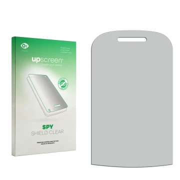 Parte frontal de un envase de producto con el logotipo de la marca upscreen. Al lado está el protector de pantalla correspondi