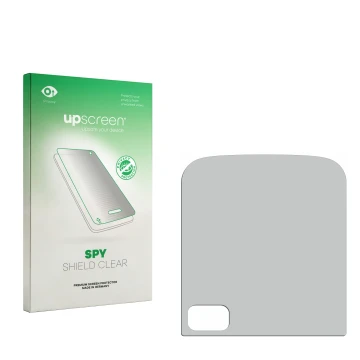 Parte frontal de un envase de producto con el logotipo de la marca upscreen. Al lado está el protector de pantalla correspondi