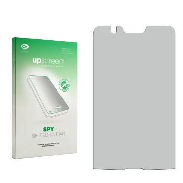 Parte frontal de un envase de producto con el logotipo de la marca upscreen. Al lado está el protector de pantalla correspondi