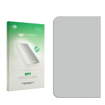 Parte frontal de un envase de producto con el logotipo de la marca upscreen. Al lado está el protector de pantalla correspondi