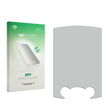 Parte frontal de un envase de producto con el logotipo de la marca upscreen. Al lado está el protector de pantalla correspondi