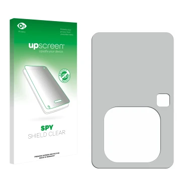 Parte frontal de un envase de producto con el logotipo de la marca upscreen. Al lado está el protector de pantalla correspondi