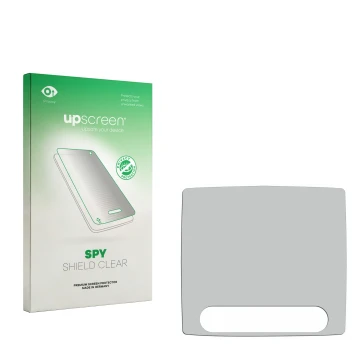 Parte frontal de un envase de producto con el logotipo de la marca upscreen. Al lado está el protector de pantalla correspondi