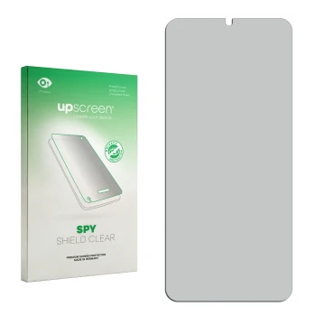 Parte frontal de un envase de producto con el logotipo de la marca upscreen. Al lado está el protector de pantalla correspondi
